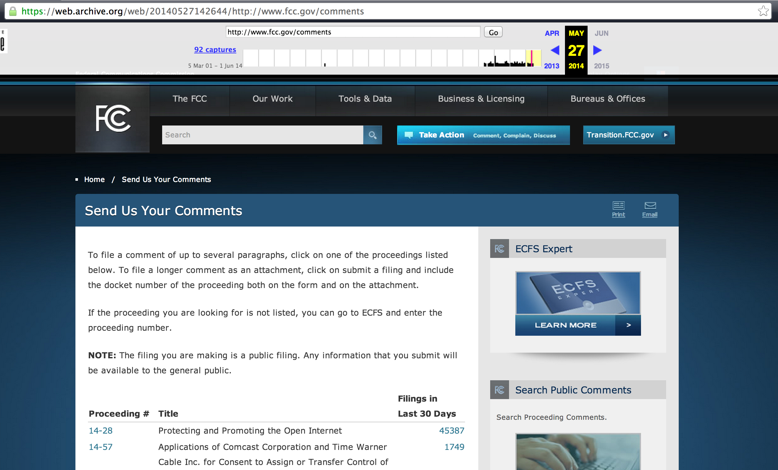 archive.org screenshot of FCC comments page